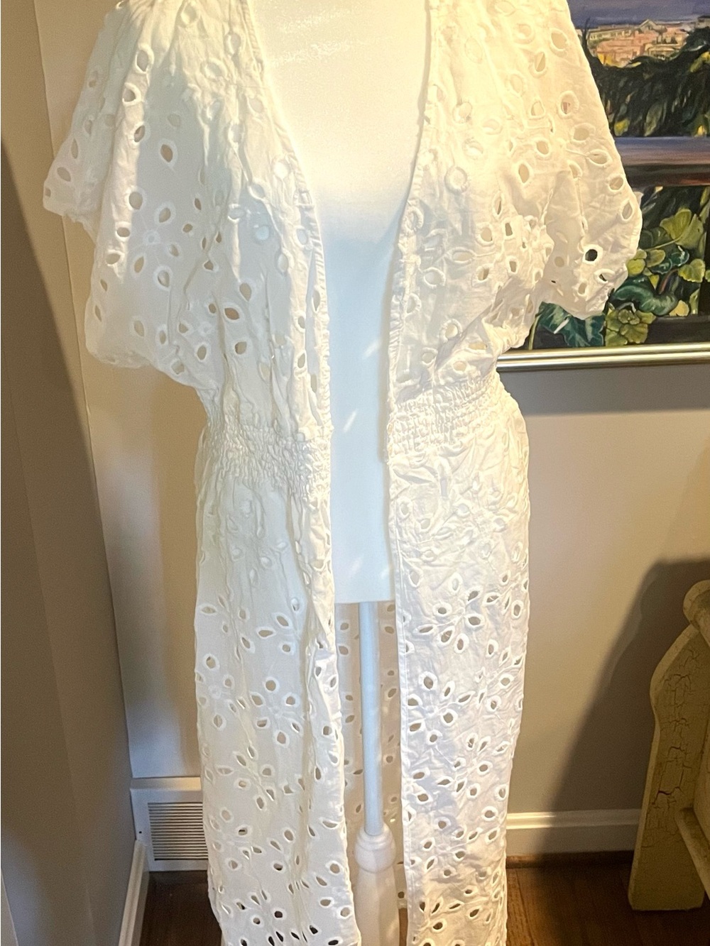 Ultra Pink Women's White Eyelet Swim Cover-Up. Two small front buttons.